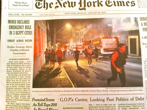 Front page of The New York Times 28 Jan 2013